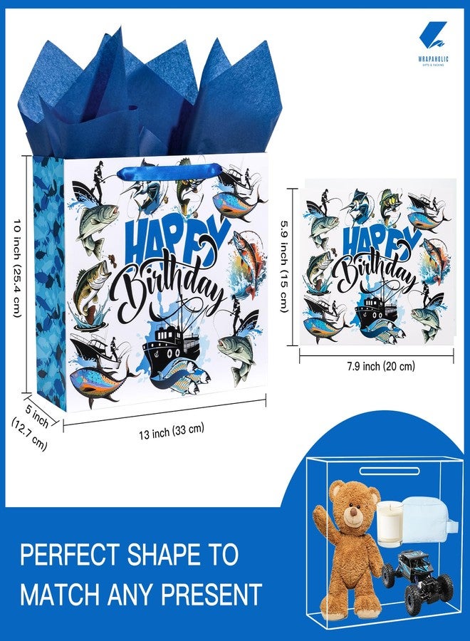 WRAPAHOLIC 13" Adventure Fishing Birthday Gift Bag with Card and Tissue Paper - Navy Blue Fish and Angler Design Paper Bags for Men Birthday Fishing Lovers - Image 2